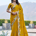 Mustard Yellow Georgette Saree Elephant Embroidery Blouse 