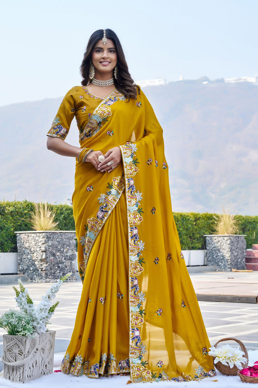 Mustard Yellow Georgette Saree Elephant Embroidery Blouse 