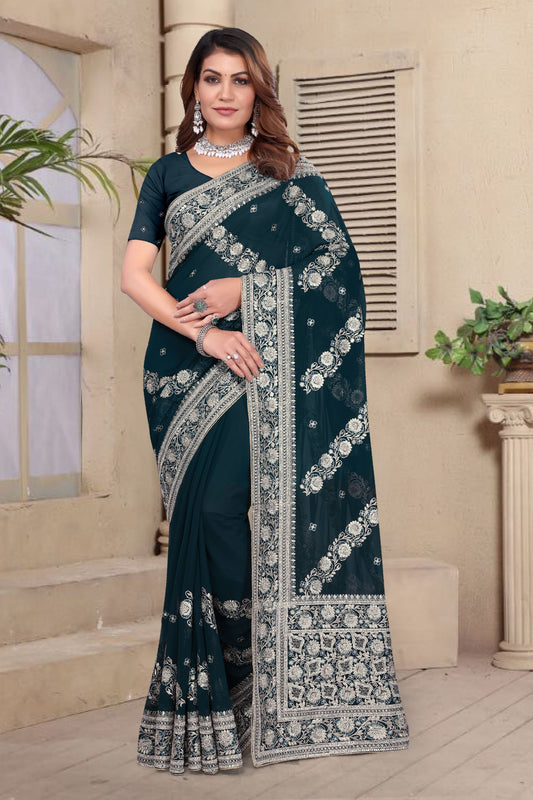 Teal Green Embroidered Georgette Saree with Silver Floral Thread Work and Matching Blouse Piece