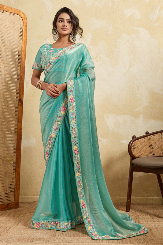 Aqua Green Silk Saree Floral Embroidered Border Designer Blouse 