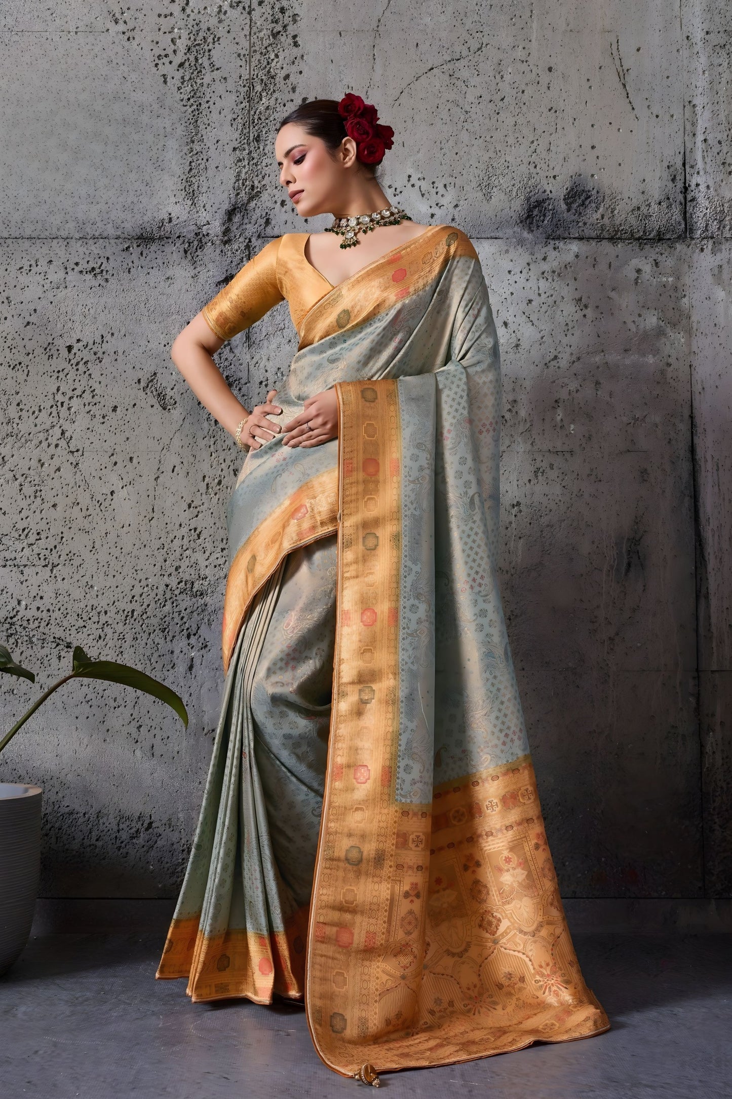 Grey Banarasi Silk Saree with Golden Zari Border Traditional Saree