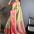 Pista Green Pink Kanjivaram Silk Saree Traditional Zari Woven Saree