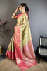 Pista Green Pink Kanjivaram Silk Saree Traditional Zari Woven Saree