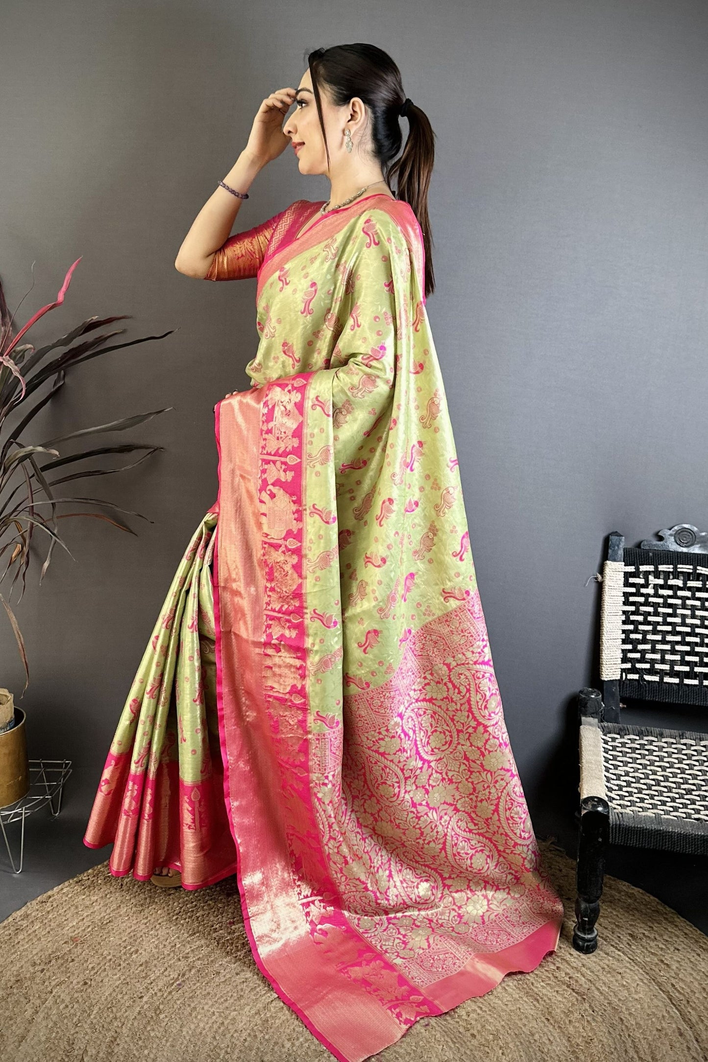 Pista Green Pink Kanjivaram Silk Saree Traditional Zari Woven Saree