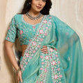 Aqua Blue Net Saree with Floral Embroidery Matching Blouse