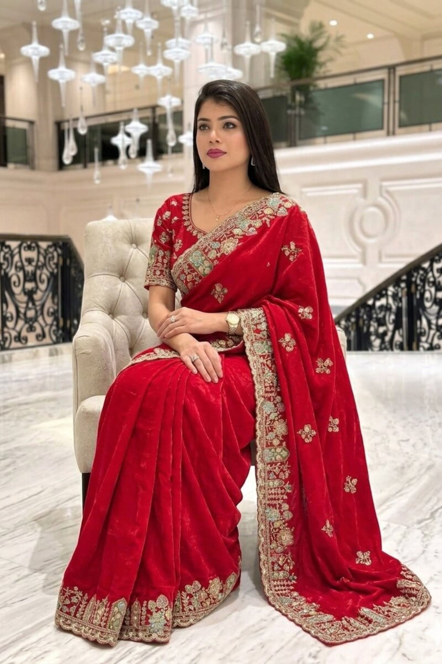 Royal Red Embroidered Silk Saree with Heavy Designer Border