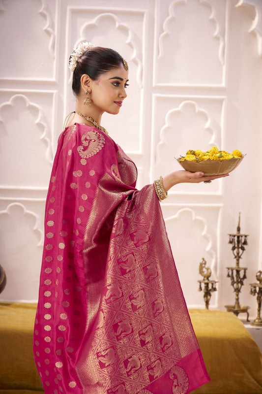 Rani Pink Banarasi Silk Saree with Rich Gold Zari Traditional Saree
