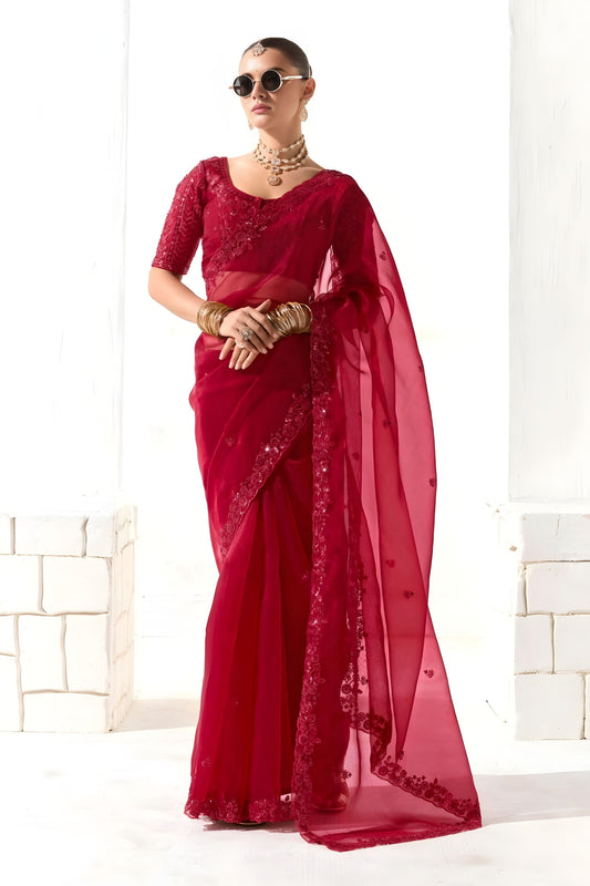 Red Organza Saree with Heavy Embroidered Designer Blouse 