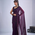 Purple Organza Saree with Black Floral Embroidery Designer Party Wear Saree