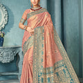 Peach Banarasi Silk Saree with Rich Zari Work and Contrast Border