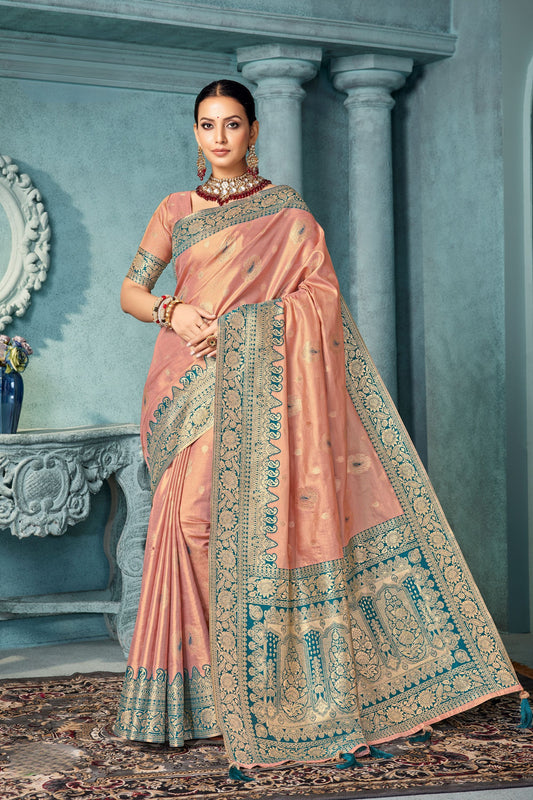 Peach Banarasi Silk Saree with Rich Zari Work and Contrast Border