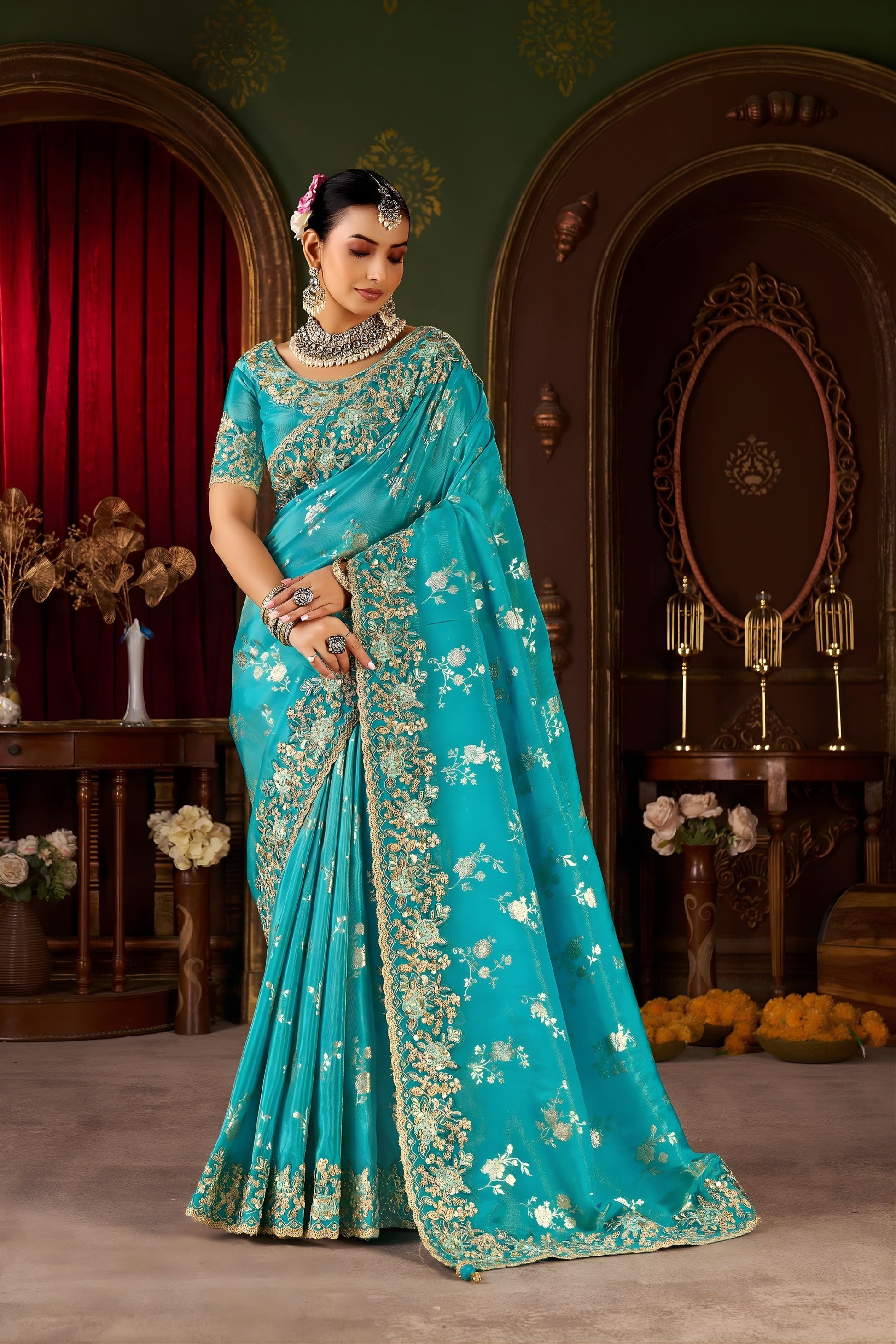 Turquoise Blue Banarasi Silk Saree with Heavy Golden Zari Designer Saree