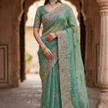 Sea Green Organza Silk Saree with Heavy Embroidery Designer Border