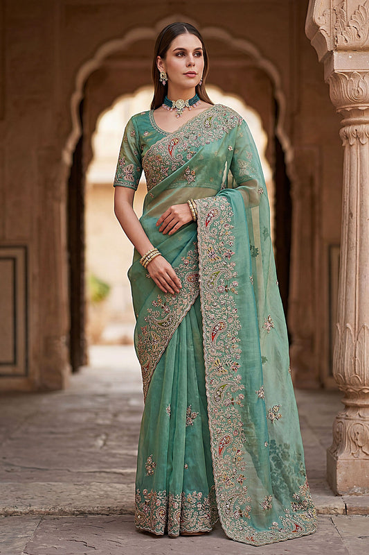 Sea Green Organza Silk Saree with Heavy Embroidery Designer Border