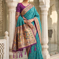 Turquoise Blue Paithani Silk Saree Traditional Zari Border Purple Designer Blouse