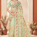  Pista Green Net Floral Embroidered Saree Heavy Scalloped Border Blouse