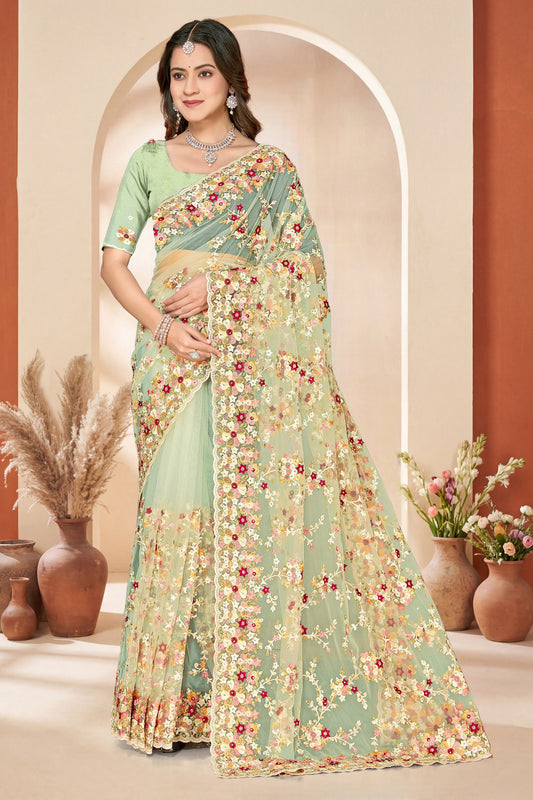  Pista Green Net Floral Embroidered Saree Heavy Scalloped Border Blouse