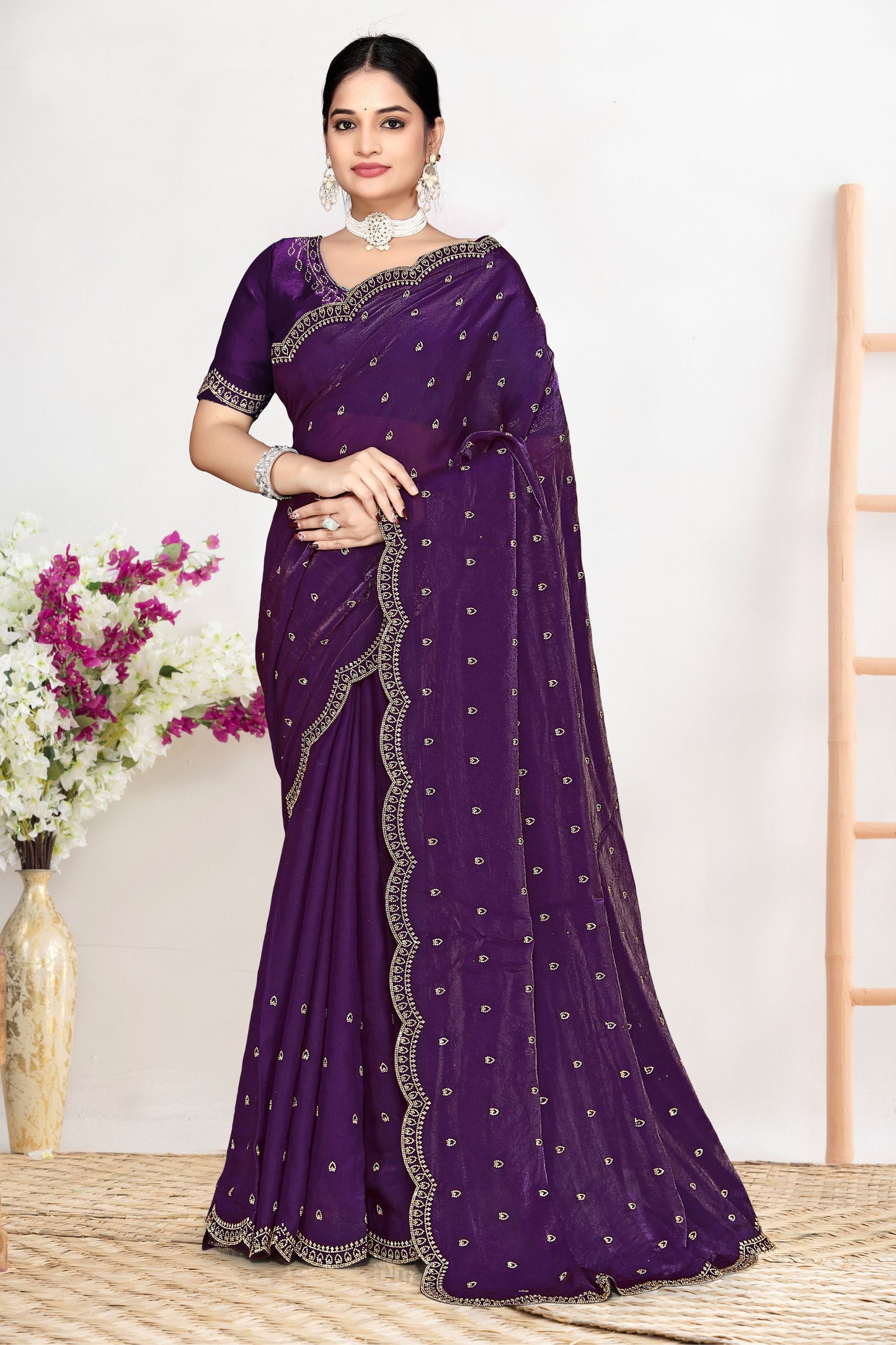 Deep Purple Silk Saree with Zari Embroidered Border Buti Work