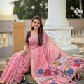 Pink Linen Silk Saree with Multicolor Floral Print Woven Border