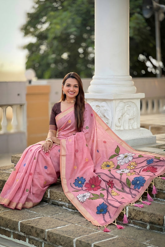 Pink Linen Silk Saree with Multicolor Floral Print Woven Border