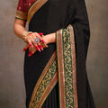 Black Designer Saree with Embroidered Border Contrast Blouse