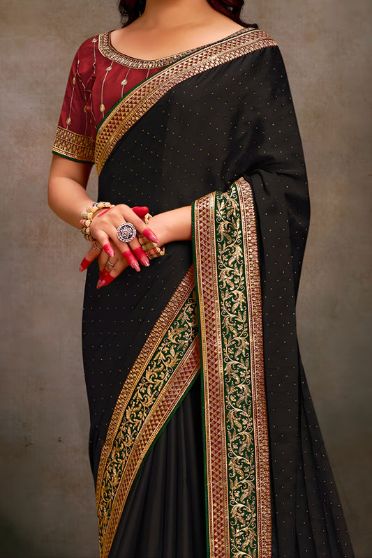 Black Designer Saree with Embroidered Border Contrast Blouse
