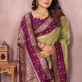 Olive Green Banarasi Silk Saree  Purple Zari Woven Border Rich Pallu