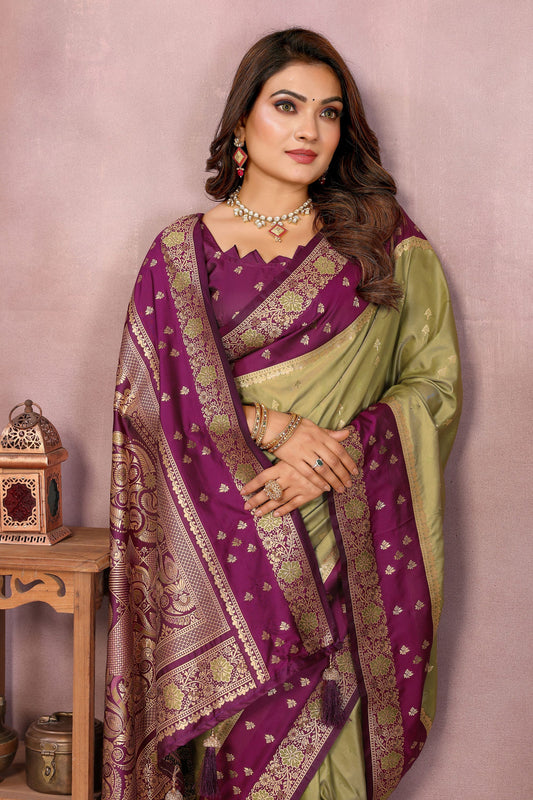 Olive Green Banarasi Silk Saree  Purple Zari Woven Border Rich Pallu