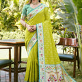 Lime Green Silk Saree with Teal Border Peacock Floral Weaving Work