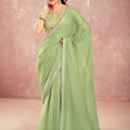 Pastel Green Georgette Saree Silver Embroidered Border Designer Blouse 