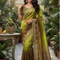 Olive Green Brown Ombre Silk Saree with Heavy Embroidered Border