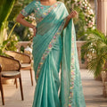 Aqua Blue Organza Silk Saree Floral Embroidered Border Designer Blouse