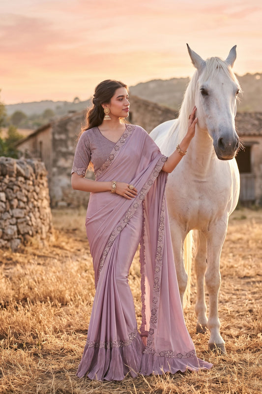 Dusty Mauve Saree with Designer Border and Blouse Piece 