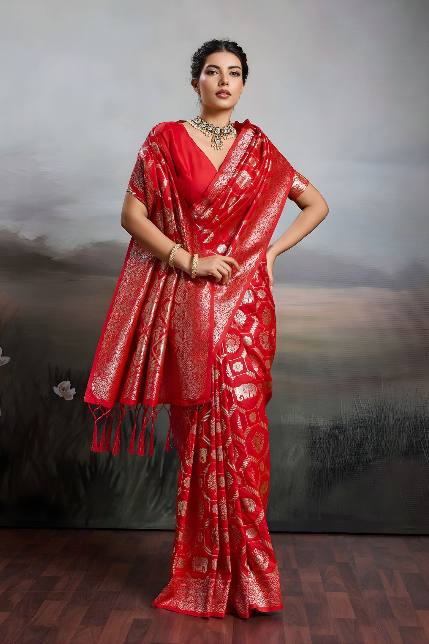 Red Banarasi Silk Saree with Heavy Gold Zari Work Designer Saree