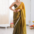 Olive Green Organza Silk Saree Designer Silver Lace Border Matching Blouse