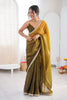 Olive Green Organza Silk Saree Designer Silver Lace Border Matching Blouse