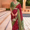 Maroon Patola Silk Saree Olive Green Border Ikat Weavingn