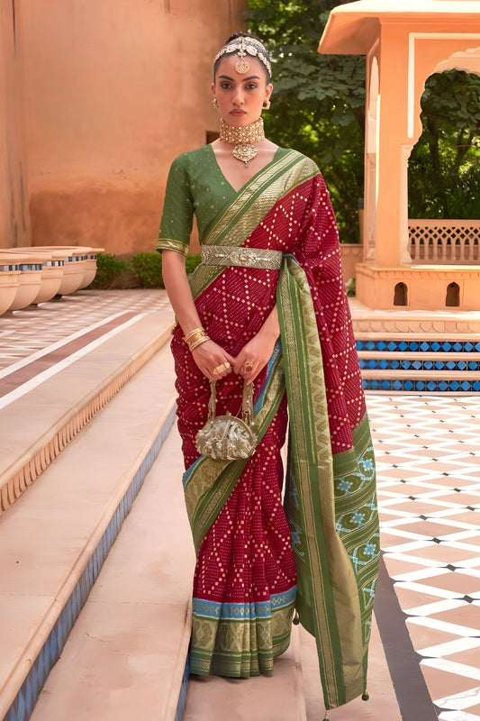 Maroon Patola Silk Saree Olive Green Border Ikat Weavingn