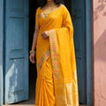  Mustard Yellow Silk Saree with Golden Zari Border Traditional Buti Design 