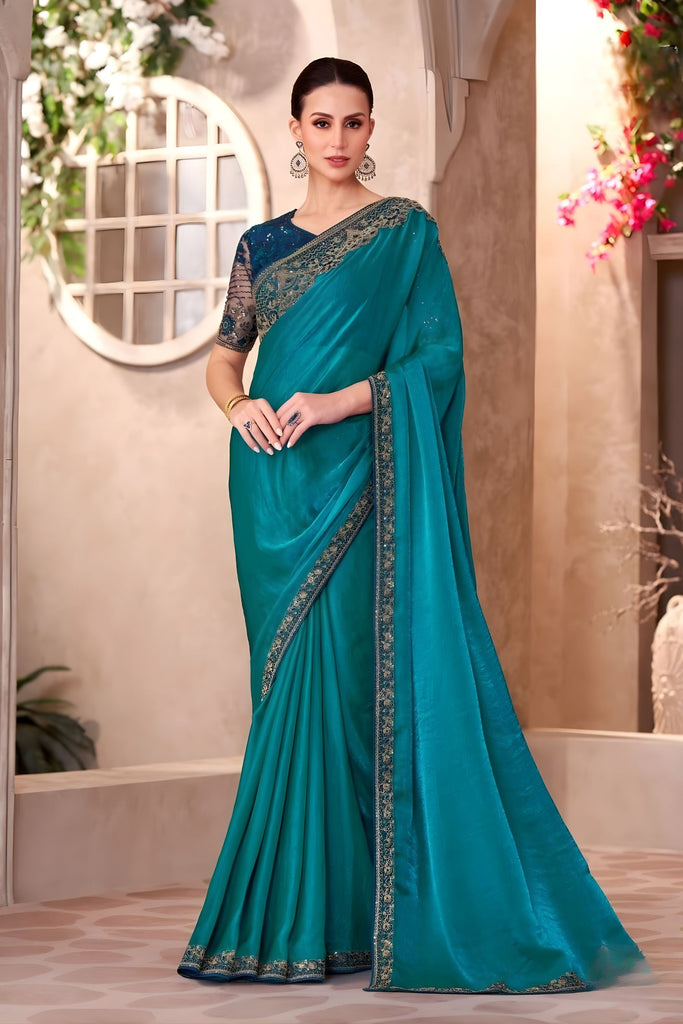 Teal Green Designer Saree Embroidered Lace Border Sequined Blouse 