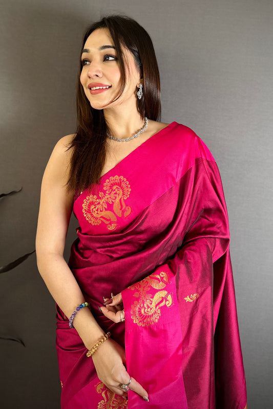 Rani Pink Soft Silk Saree with Designer Pallu and Zari Border