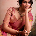 Pink Golden Silk Saree with Zari Polka Dot Weaving Designer Saree