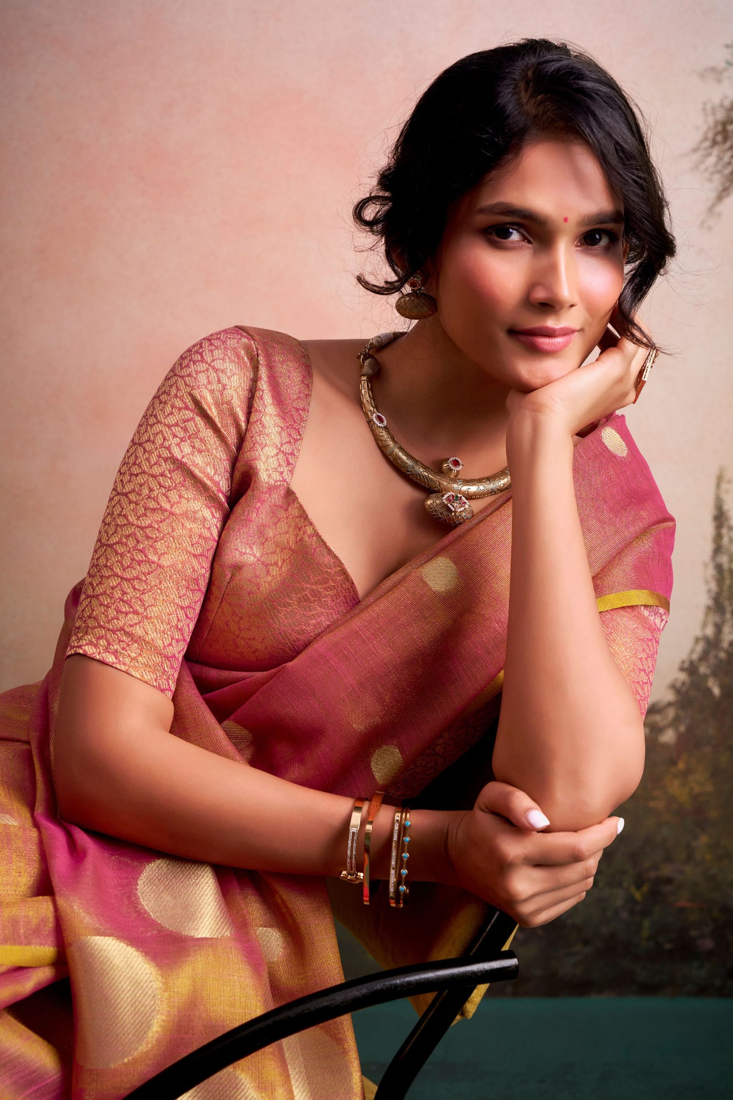 Pink Golden Silk Saree with Zari Polka Dot Weaving Designer Saree