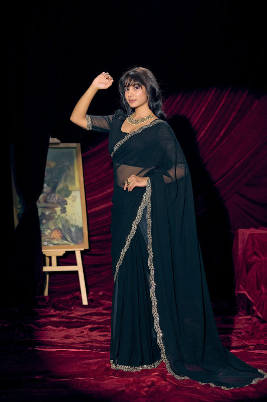 Black Georgette Saree with Embroidered Border Designer Saree