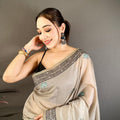 Taupe Grey Linen Cotton Saree with Artistic Elephant Print Pallu