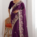 Purple Georgette Saree Heavy Floral Embroidery Designer Blouse