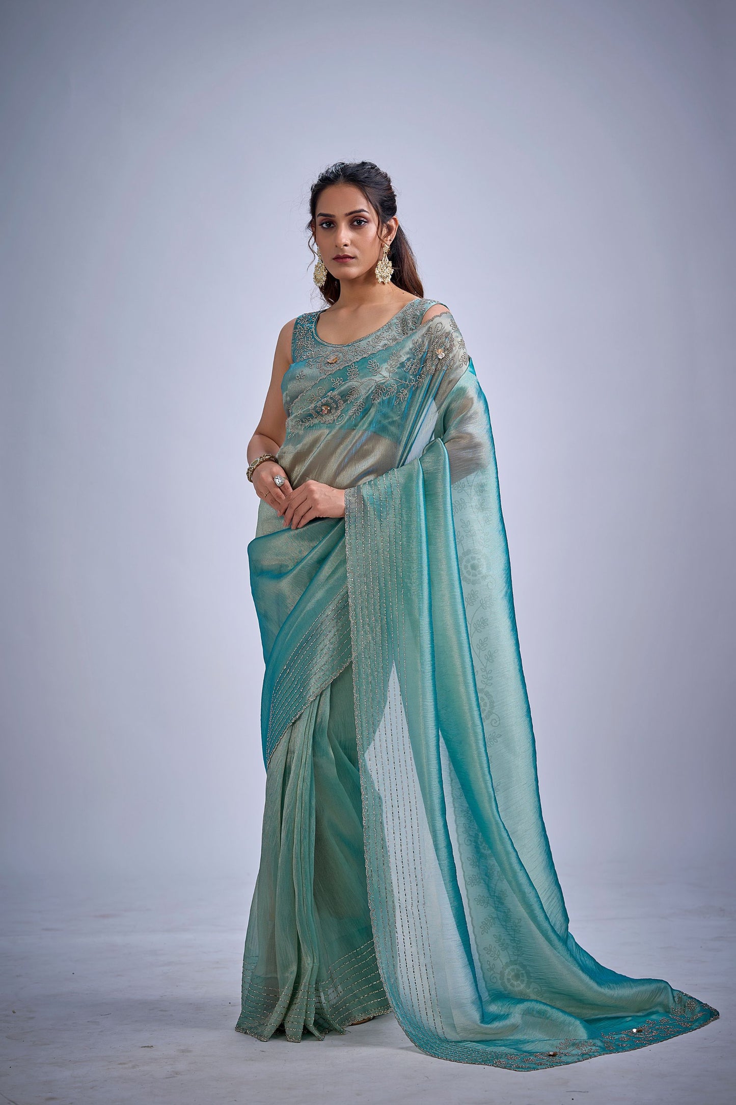 Sea Green Silk Saree with Zari Embroidery Designer Blouse