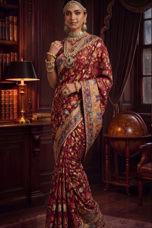 Maroon Banarasi Silk Saree Floral Zari Weaving and Designer Border