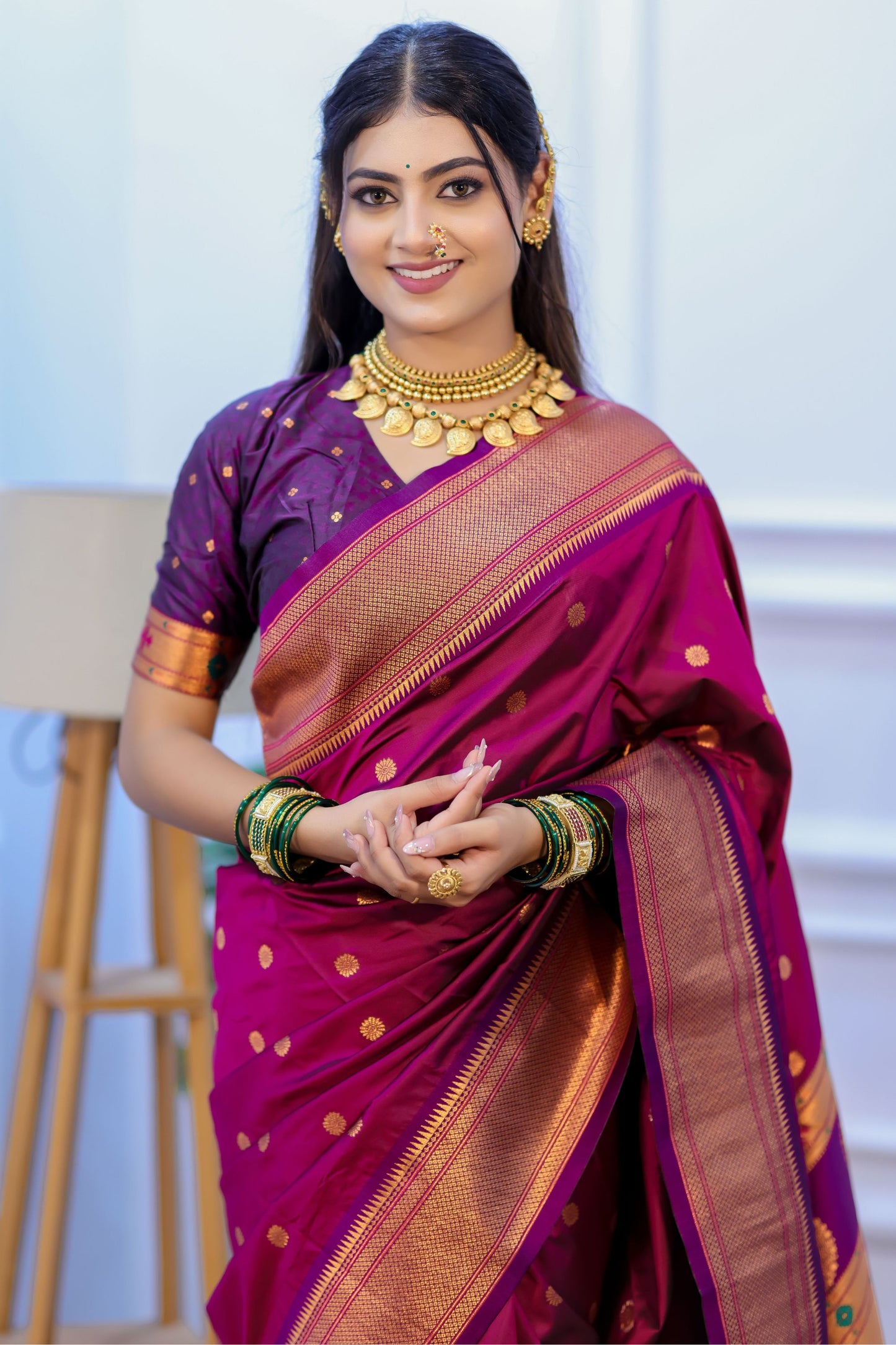 Rani Pink Kanjivaram Silk Saree with Gold Zari Border Butti Work