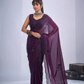 Wine Purple Organza Silk Saree Floral Embroidery Designer Blouse
